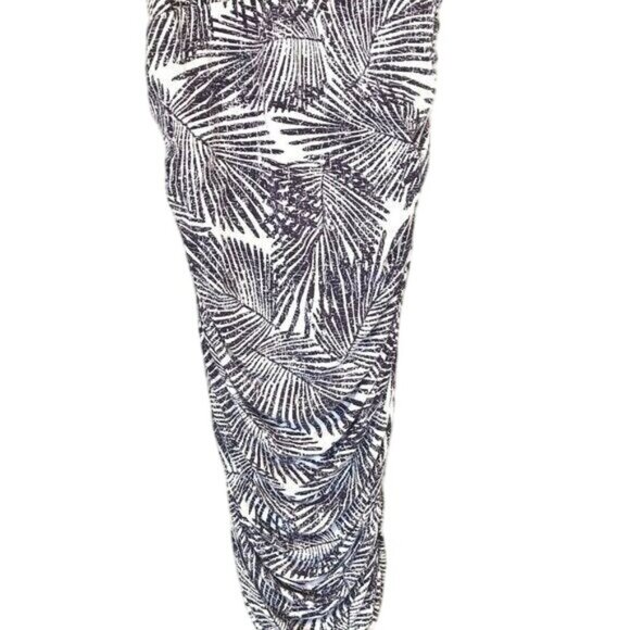 TART Size S Palm Leaf Print Ruched Bodycon Dress Stretch Navy White V-Neck - Picture 10 of 10